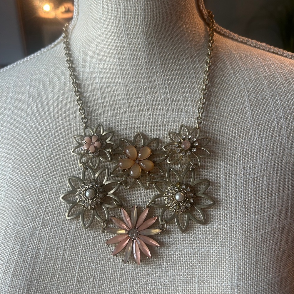 Floral Statement Necklace in Gold and Pink